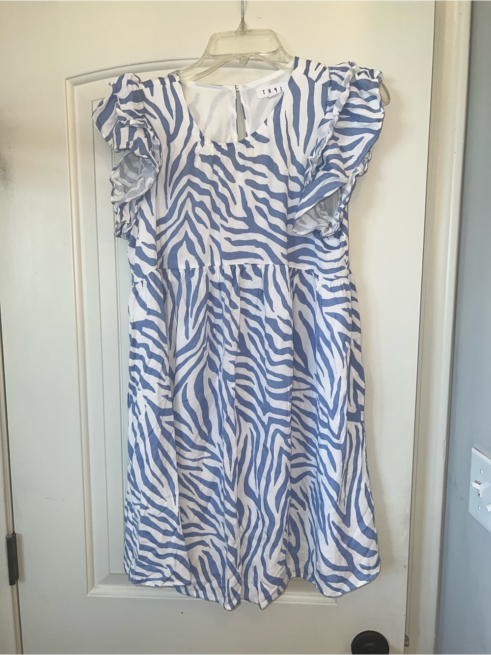 Womens Blue and White Zebra Print Flutter Sleeve Babydoll Dress
